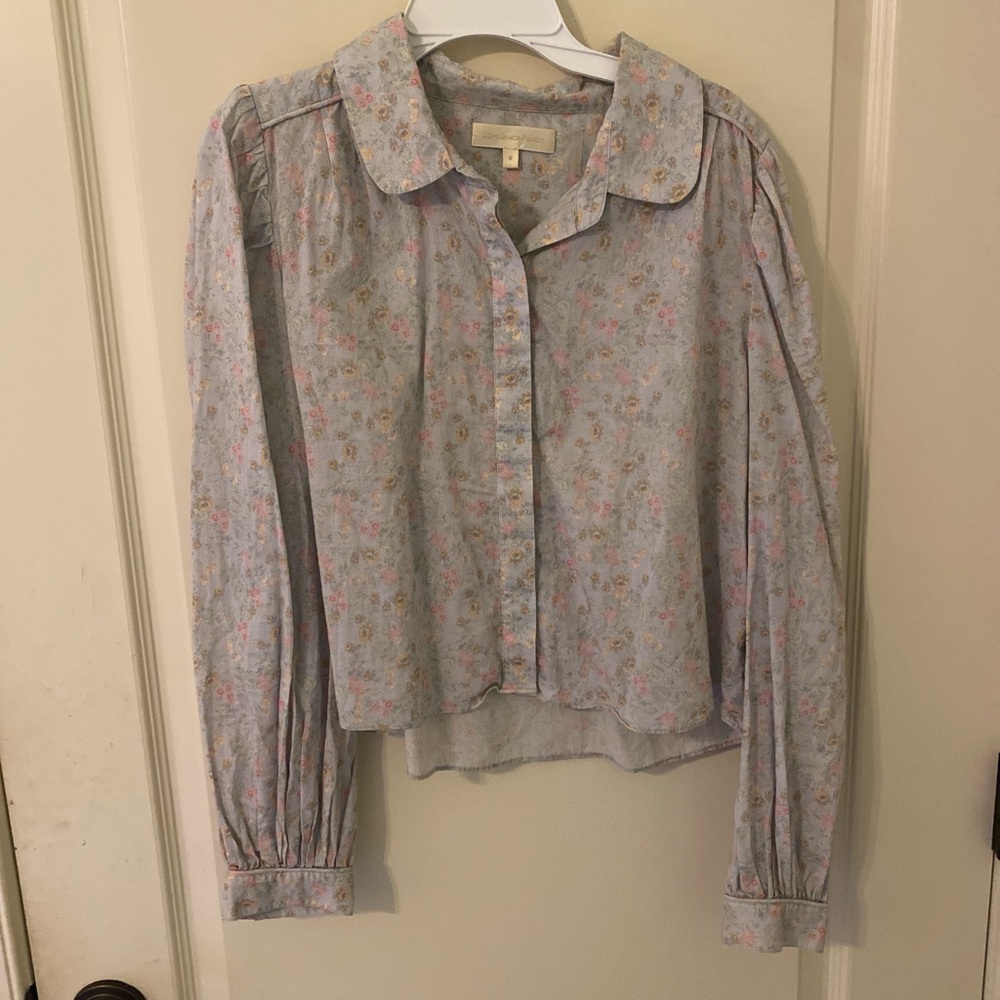 LoveShackFancy Floral Cropped Button-Up Blouse